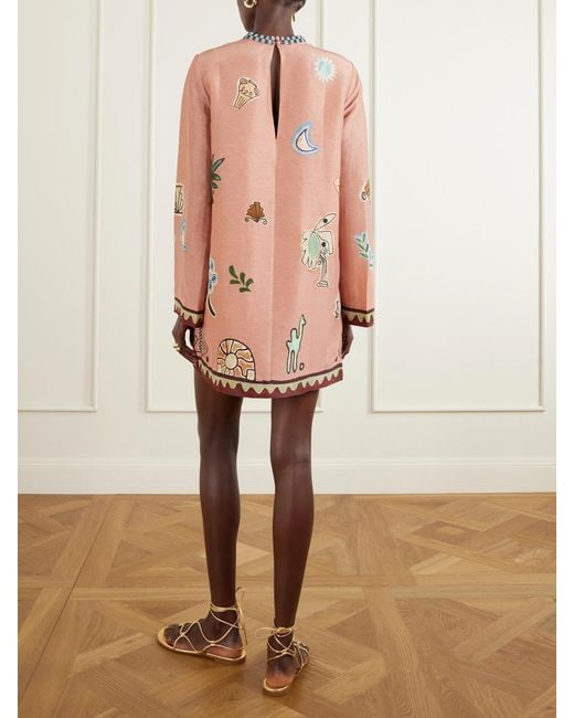 ALÉMAIS Pink Laurence Bead-Embellished Printed Linen And Silk-Blend Mini Dress