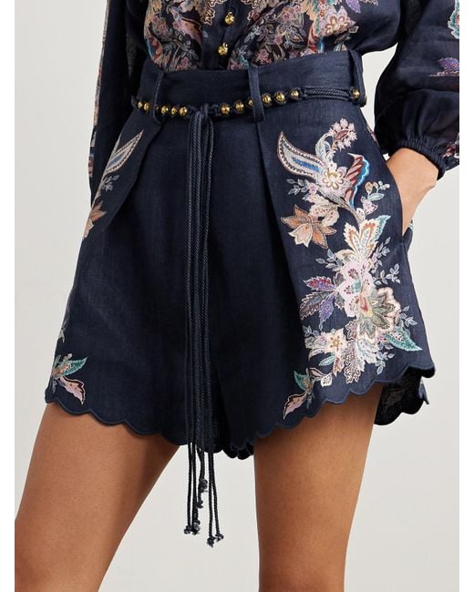 Short En Lin À Imprimé Fleuri Et À Ceinture Rhiannon Zimmermann en coloris Blue