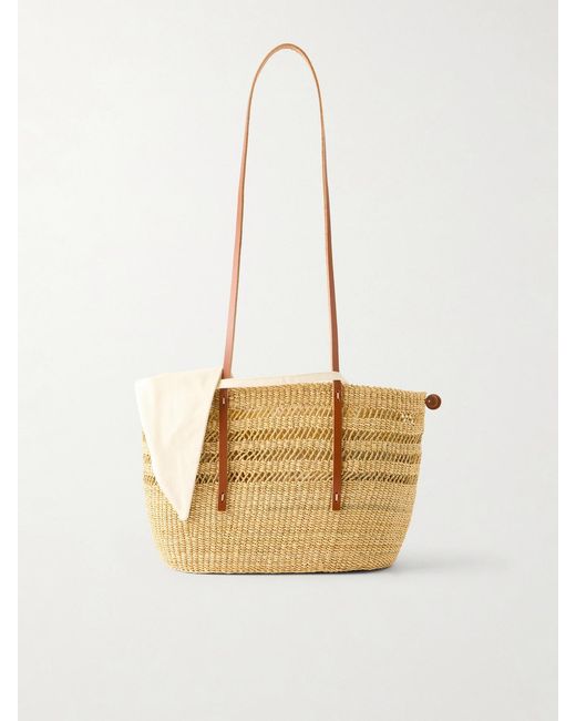 Muuñ Natural Bicro M Leather-Trimmed Woven Straw Tote