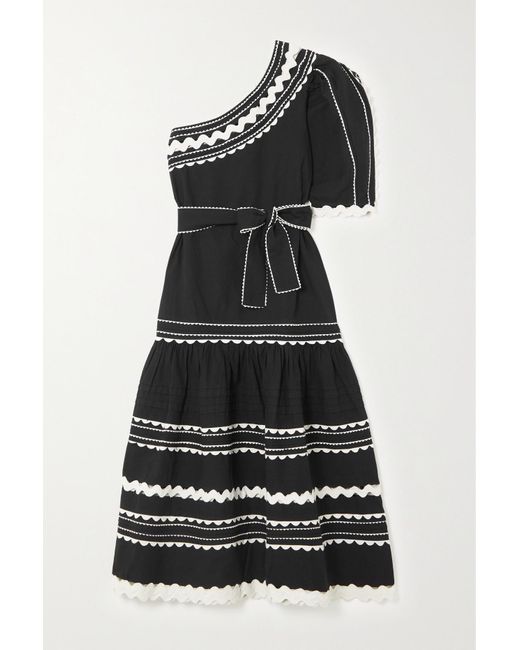 Sea Ryleigh Oneshoulder Ric Ractrimmed Cotton Midi Dress in Black
