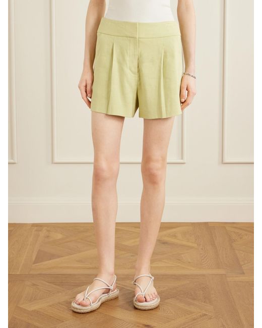 Veronica Beard Yellow Haina Pleated Linen-Blend Twill Shorts