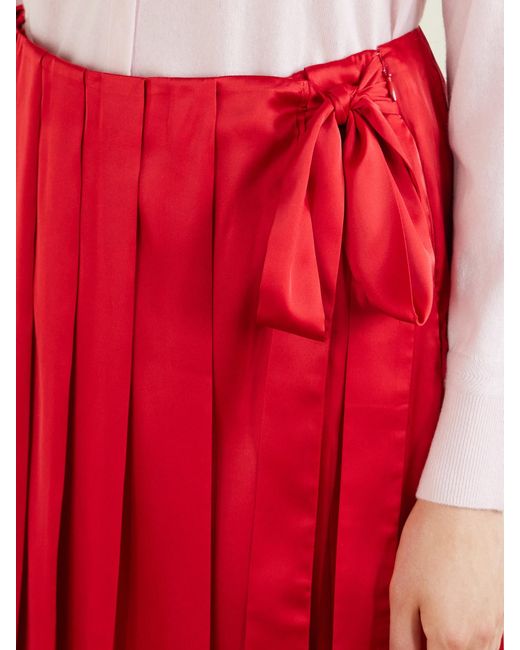 Simone Rocha Red Pleated Sheer Satin Midi Skirt