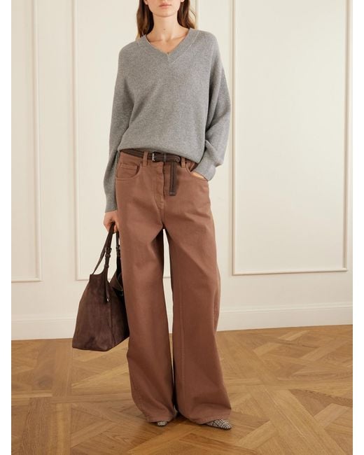 Brunello Cucinelli Gray Ribbed-Knit Metallic Cashmere-Blend Sweater
