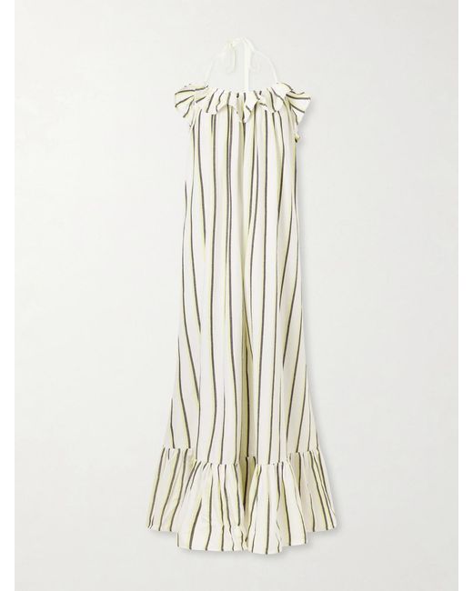 Marrakshi Life White Ruffled Striped Cotton Maxi Dress