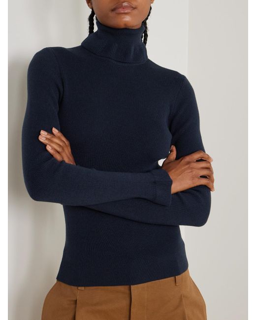 Chloé Blue Rollkragenpullover Aus Einer Gerippten Baumwoll-Wollmischung Mit Logo