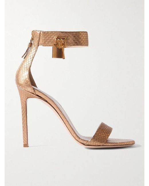 Tom Ford White Embellished Metallic Snake-Effect Leather Sandals