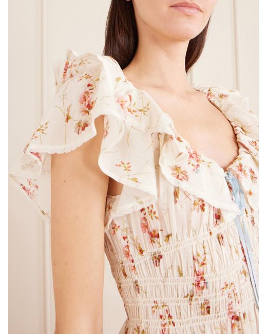 Doen Natural Illiana Lace-Trimmed Shirred Floral-Print Organic Cotton Dress