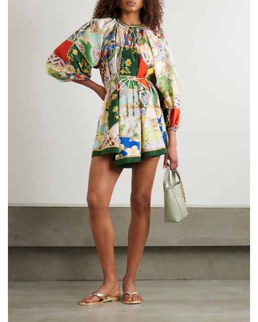 Mini-Robe En Voile De Coton Et De Soie Mélangés Imprimé À Fronces Et À Ceinture Bianca ALÉMAIS en coloris Green