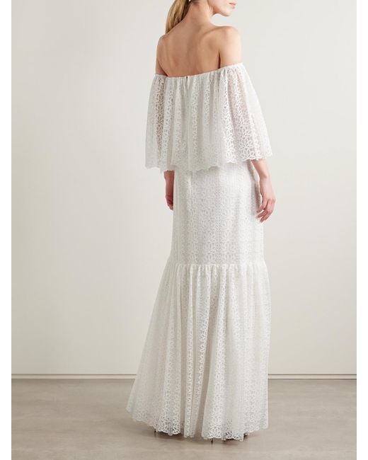 Dima Ayad White Off-The-Shoulder Tiered Metallic Lace Maxi Dress