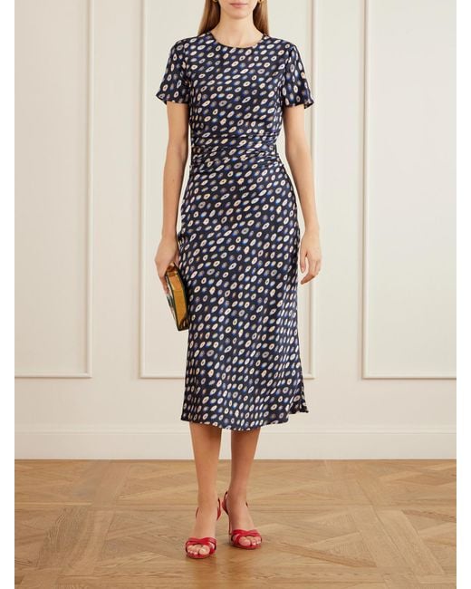Staud Blue Marcel Printed Ruched Silk-Blend Satin Midi Dress
