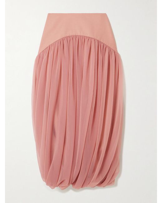 Abadia Pink Paneled Gathered Twill And Chiffon Maxi Skirt