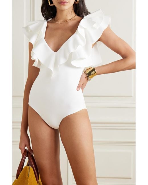 Maygel Coronel White Net Sustain Santa Ruffled Swimsuit