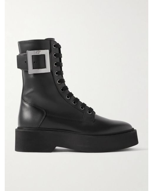 Roger Vivier Black Buckle-Embellished Leather Ankle Boots