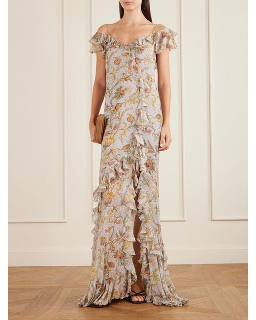 Etro Natural Ruffled Floral-Print Silk-Blend Midi Dress