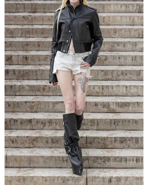 Rick Owens Black Cropped Leather Biker Jacket