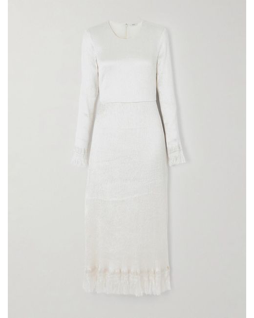 FFORME White Mina Frayed Textured Silk-Blend Satin Midi Dress