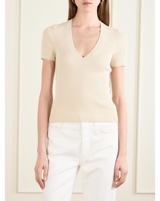 Nili Lotan Natural Ribbed-Knit Cotton And Silk-Blend T-Shirt