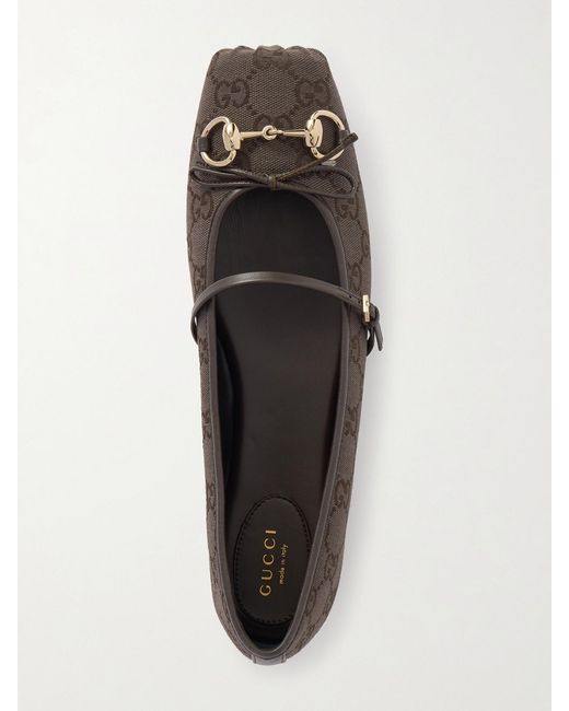 Gucci White Horsebit-Embellished Bow-Detailed Canvas-Jacquard Ballet Flats