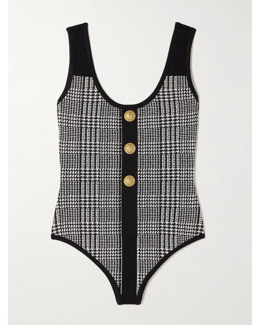 Balmain Gray Body Aus Stretch-Strick Mit Glencheck-Muster Und Zierknöpfen