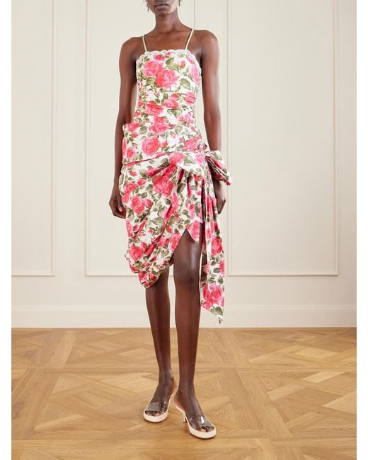 Chloé White Bow-Detailed Ruched Floral-Print Cotton-Poplin Mini Skirt