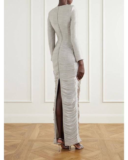 Marmar Halim White Cape-Effect Plissé Crepe De Chine Gown