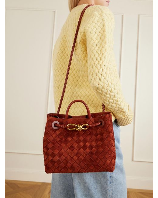 Bottega Veneta Red Andiamo Small Intrecciato Suede Shoulder Bag