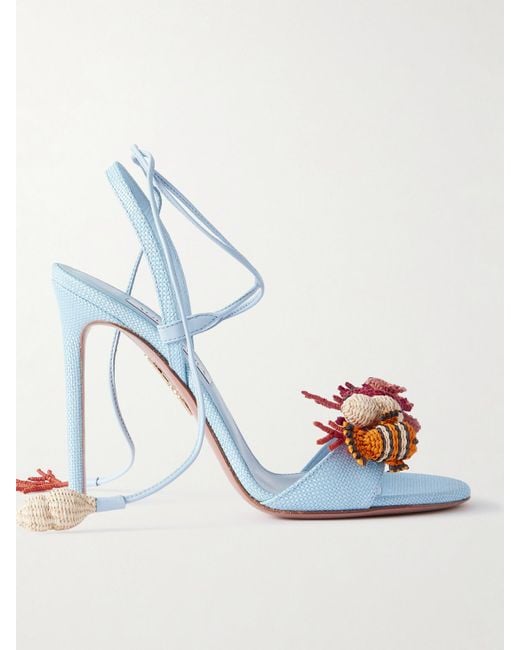 Aquazzura Blue Marea 105 Sandalen Aus Raffiabast Mit Lederbesätzen Und Verzierungen
