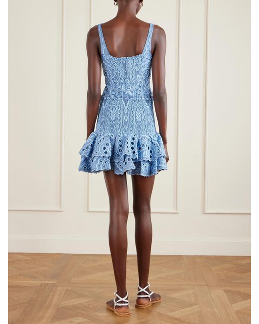 Charo Ruiz Blue Nerissa Tiered Shirred Broderie Anglaise Cotton-Blend Mini Skirt
