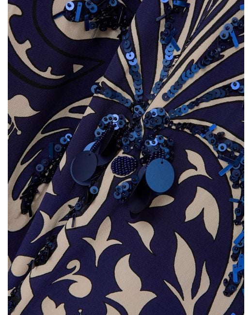 Johanna Ortiz Blue Cape-Effect Embellished Printed Silk-Crepe Maxi Dress