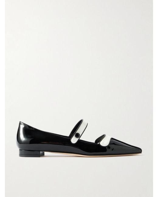 Manolo Blahnik Black Ganeus Two-Tone Patent-Leather Mary-Jane Point-Toe Flats