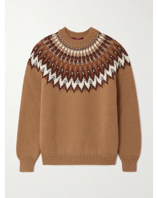 Gucci Brown Crystal-Embellished Fair Isle Wool-Blend Sweater