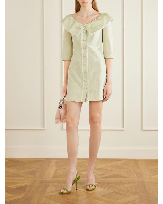 Alessandra Rich Natural Lace-Trimmed Silk Off-Shoulder Mini Dress