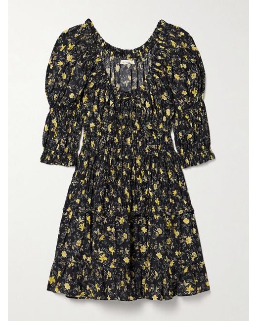 Doen Black Ismene Shirred Floral-Print Organic Cotton-Blend Voile Mini Dress