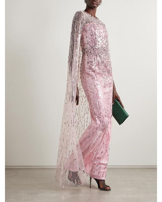 Jenny Packham Pink Cape-Effect Embellished Tulle Gown