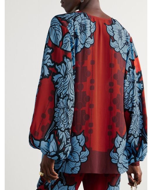 Borgo De Nor Blue Stellan Floral-Print Crepe De Chine Blouse