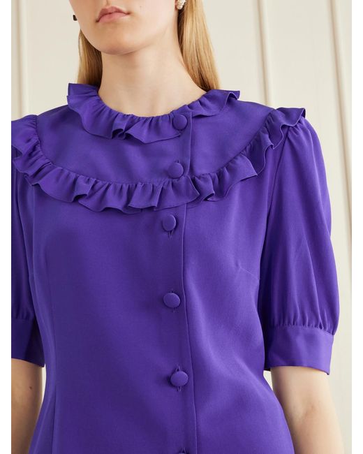 Alessandra Rich Purple Ruffle-Collar Silk Organza Shirt