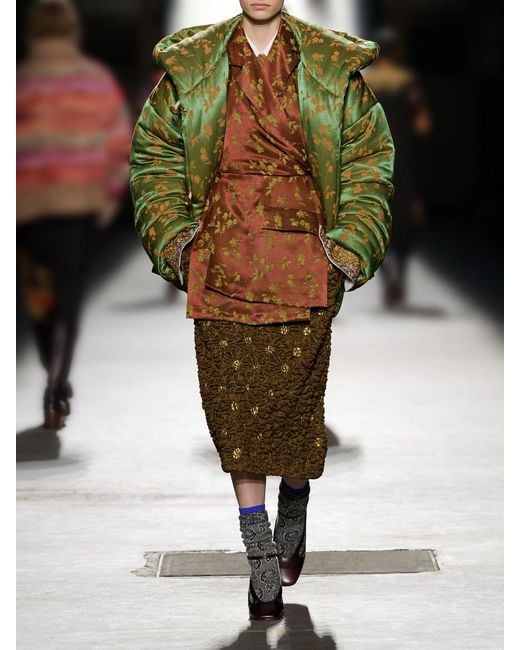 Dries Van Noten Green Hooded Padded Floral-Jacquard Short Jacket