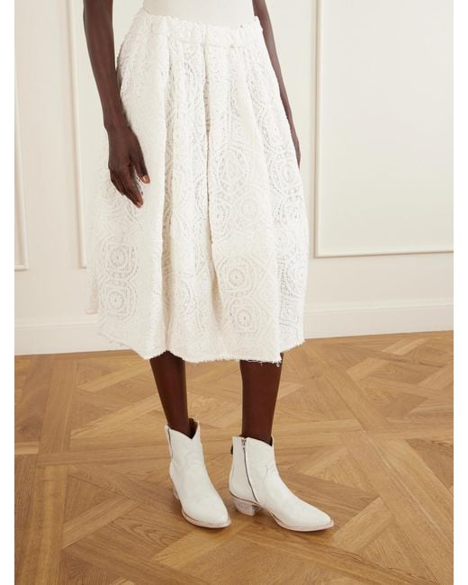 Comme des Garçons White Pleated Crocheted Cotton Midi Skirt