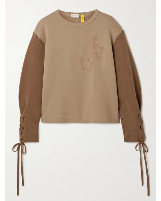 Moncler Genius Brown 1 Jw Anderson Two-Tone Embroidered Cotton-Jersey And Wool Top