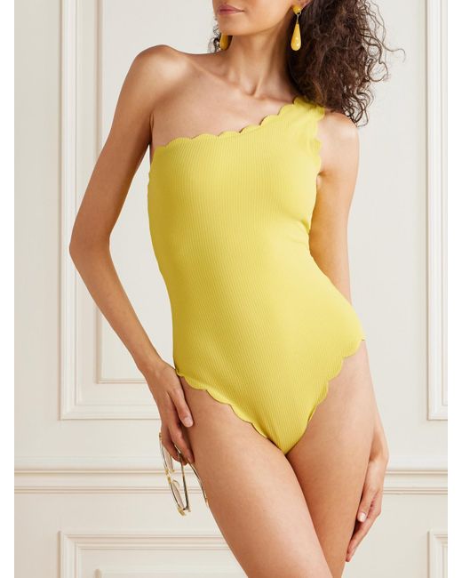 Marysia Swim Yellow Santa Barbara One-Shoulder Scalloped Seersucker Swimsuit