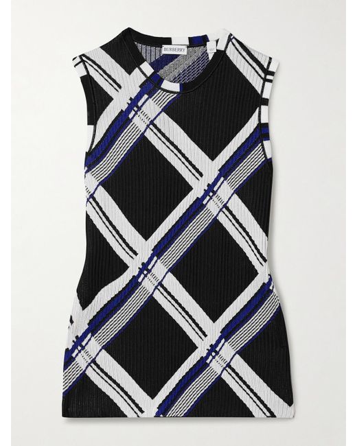 Burberry Blue Pullunder Aus Gerippter Seide Mit Karomuster