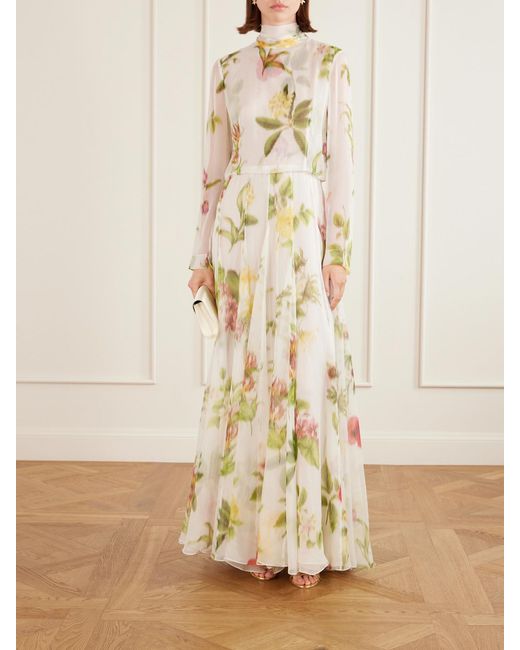Oscar de la Renta Metallic Chiné Dominican Floral-Print Silk-Chiffon Gown