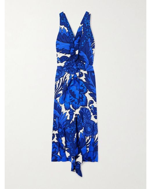 Etro Blue Asymmetric Ruffled Printed Jersey Maxi Dress