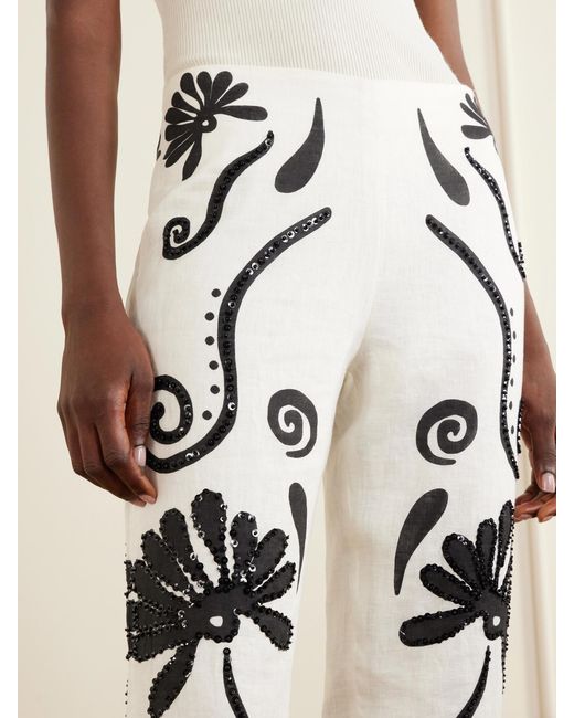 Cala De La Cruz White Sylvie Cropped Sequin-Embellished Printed Linen Tapered Pants