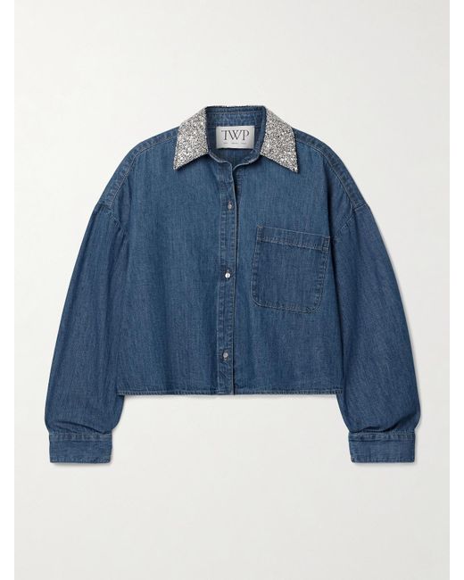 Twp Blue My Ex's Denim Cropped Crystal-Embellished Denim Shirt