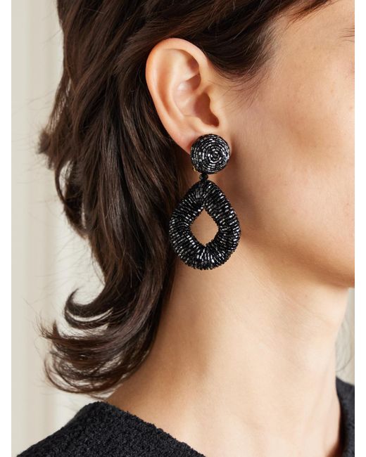 Oscar de la Renta Black Tone Beaded Clip Earrings