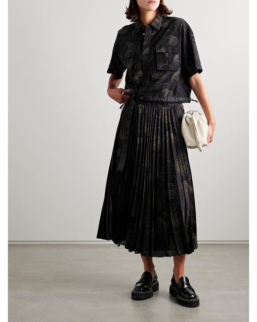 Sacai Black Wrap-Effect Pleated Printed Satin Midi Skirt