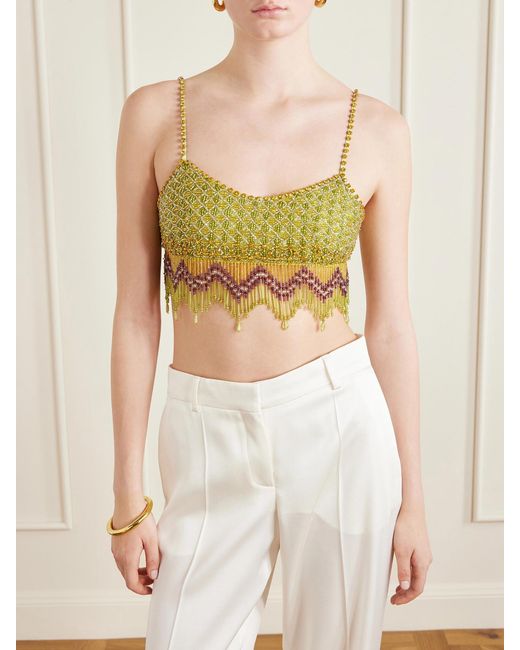 Bode Yellow Bottleglass Cropped Fringed Beaded Satin Top