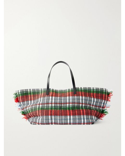 Staud Red Da Adolfo Christos Raffia Checked Fringed Tote
