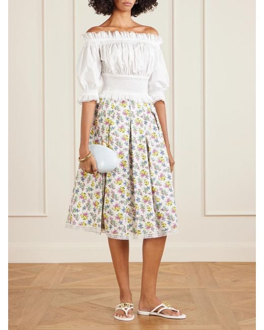 Dolce & Gabbana White Pleated Floral-Print Cotton-Poplin Midi Skirt